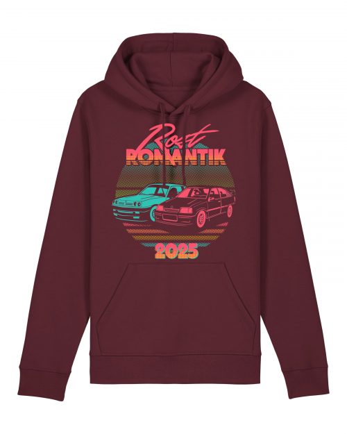 "Gruppe von Menschen trägt den offiziellen Rostromantik 2025 Hoodie in Bordeauxrot mit Siebdruck vor Oldtimer."